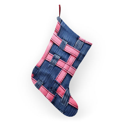 Candy-Striped Crossover: Pink Denim Ribbons Dancing on Blue Stage - Christmas Stockings