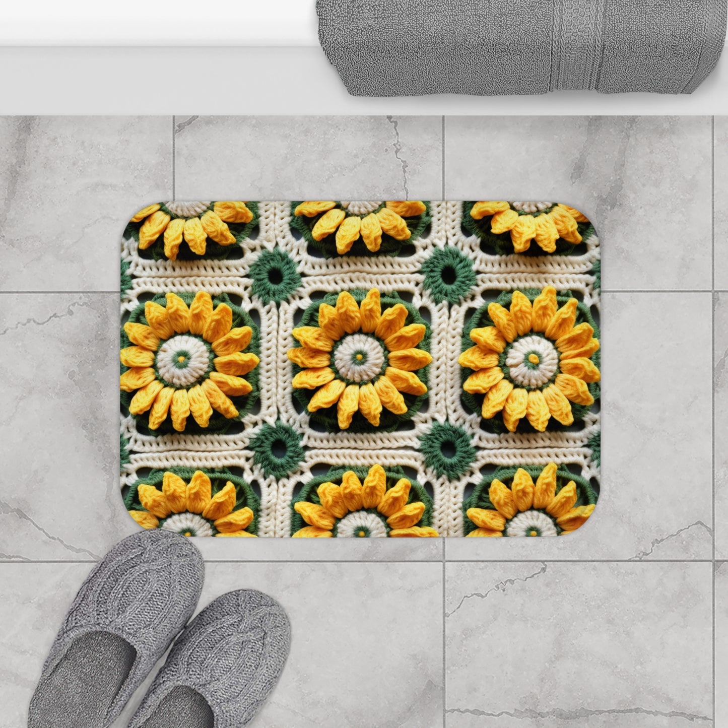 Elegancia de crochet de girasol, diseño Granny Square, motivo floral radiante. Lleva la calidez de los girasoles a tu espacio - Alfombra de baño