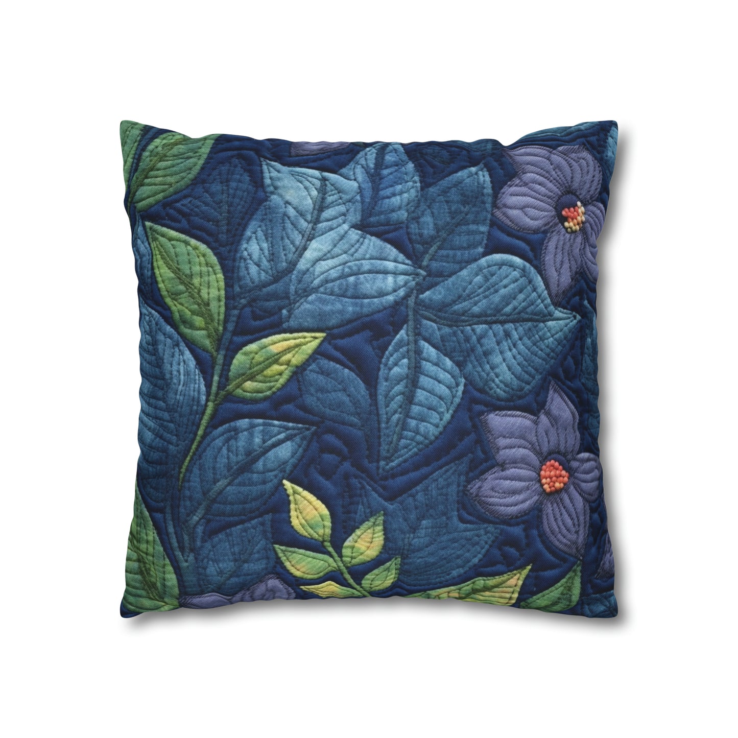 Floral Embroidery Blue: Denim-Inspired, Artisan-Crafted Flower Design - Spun Polyester Square Pillow Case