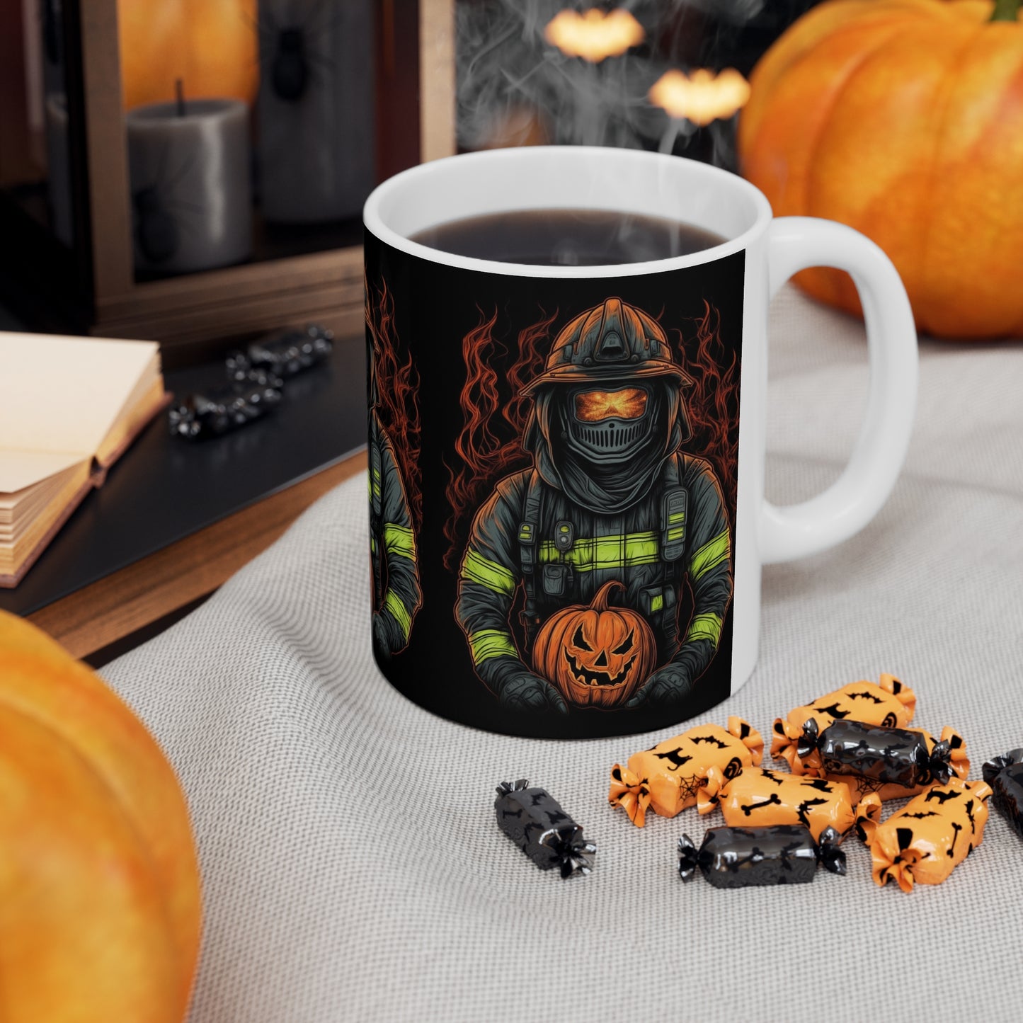 Firefighter Spooky Alert: Facing Haunted Halloween Spirits Scary Fire Pumpkin - Ceramic Mug 11oz