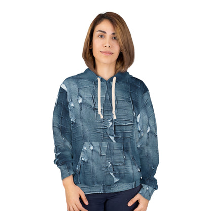 Distressed Blue Denim-Look: Edgy, Torn Fabric Design - Unisex Pullover Hoodie (AOP)