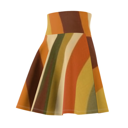 Groovy 1970s Mod-Inspired Women's Skater Skirt (AOP) in Bold Orange, Green, Rust, Gold, and Beige