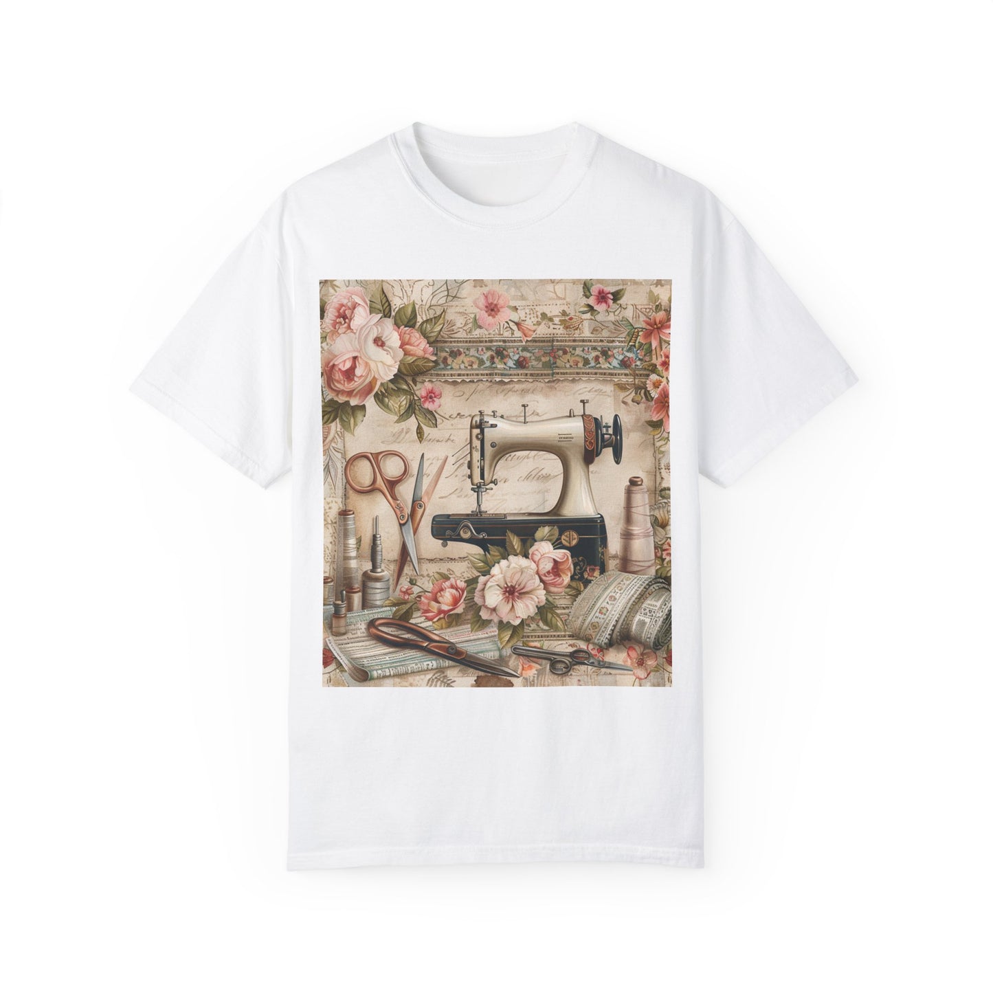 Classic Floral Sewing Ensemble: Vintage-Inspired with Antique Sewing Machine and Scissors - Unisex Garment-Dyed T-shirt