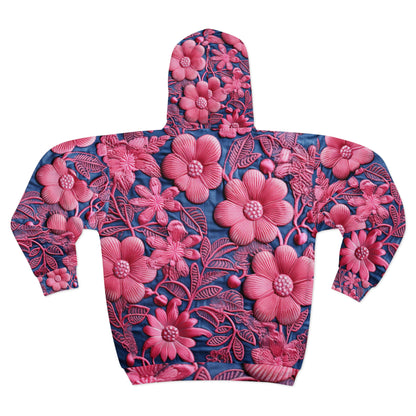 Denim Blue Doll Pink Floral Embroidery Style Fabric Flowers - Unisex Zip Hoodie (AOP)