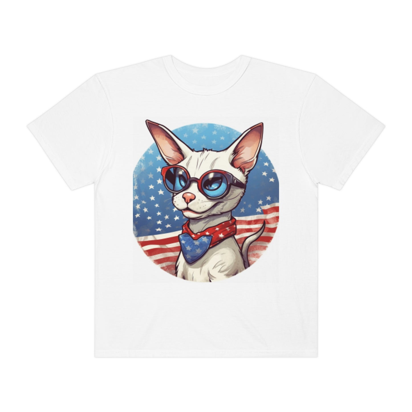 Dibujos animados patrióticos del gato siamés - Cara feliz, animación - Camiseta unisex teñida en prenda