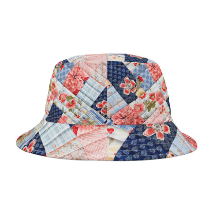 Floral Harmony Quilt, Blossom Patchwork, Blue and Pink Quilted Patterns, Garden Quilt, Soft Pastel Quilting Squares Design - Bucket Hat (AOP)