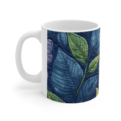 Floral Embroidery Blue: Denim-Inspired, Artisan-Crafted Flower Design - Ceramic Mug 11oz