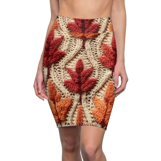 Crochet Fall Leaves: Harvest Rustic Design - Golden Browns -Woodland Maple Magic - Women's Pencil Skirt (AOP)