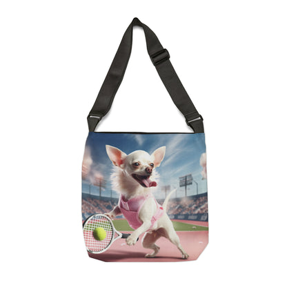 Chihuahua Tennis Ace: Traje rosa para perro, juego deportivo atlético de cancha - Bolsa de mano ajustable (AOP)