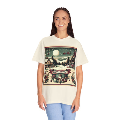 Holiday Charm: Classic Retro Christmas Scene with Santa - 1950s Nostalgic - Unisex Garment-Dyed T-shirt