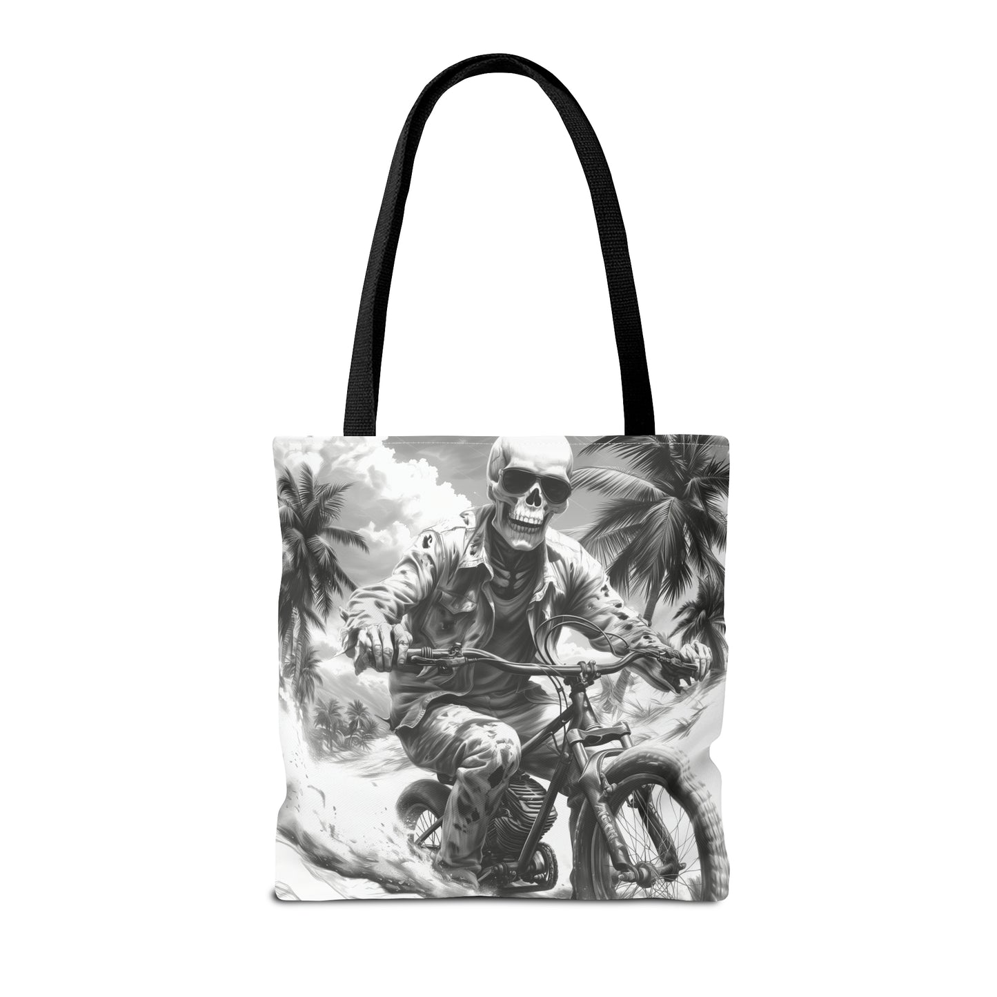 Biker Skeleton Wearing Sunglasses, Riding Sunset Boulevard in California Motorcycle, Tote Bag (AOP)