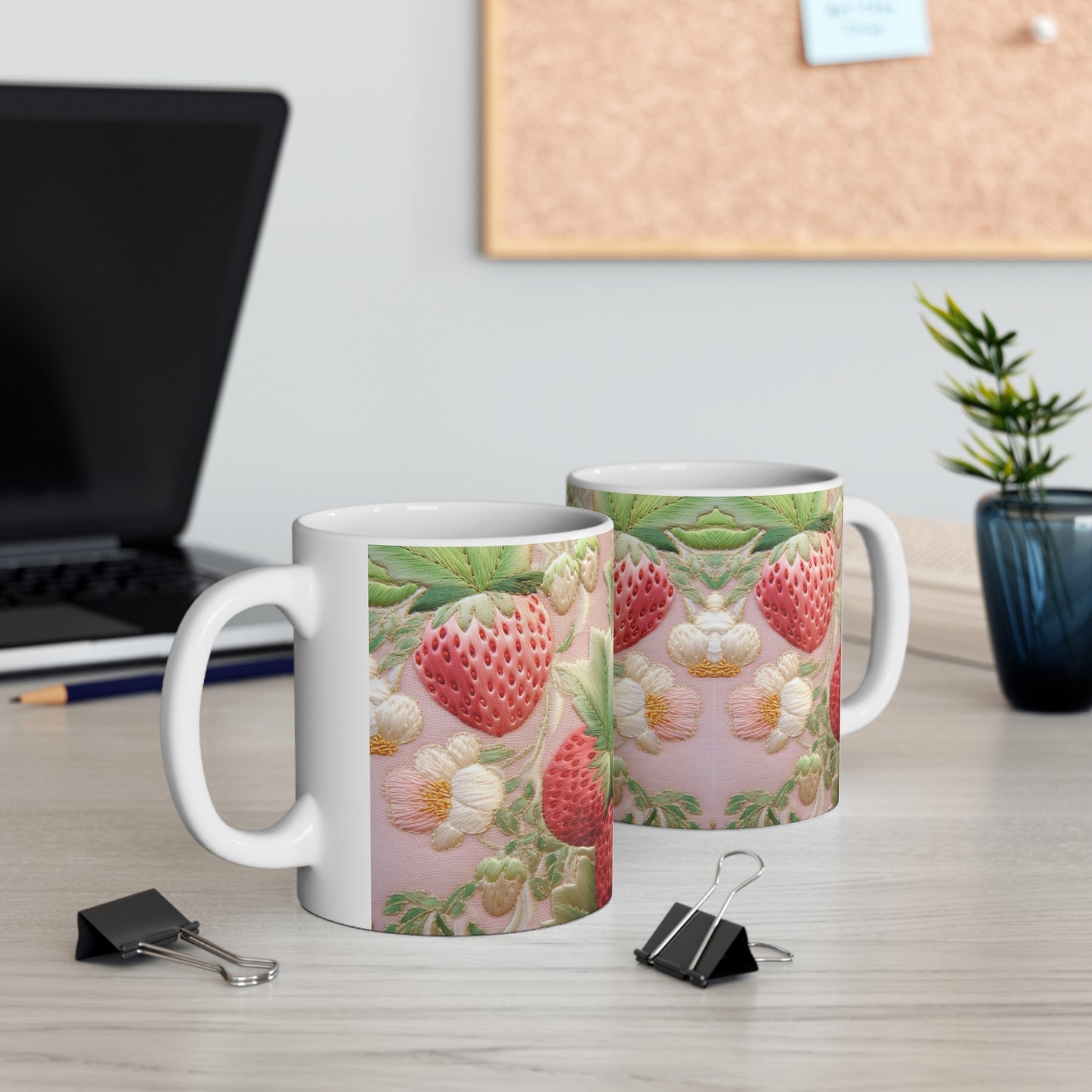 Red Berry Strawberries - Embroid Fruit - Healthy Crop Feast Food Design - Ceramic Mug 11oz