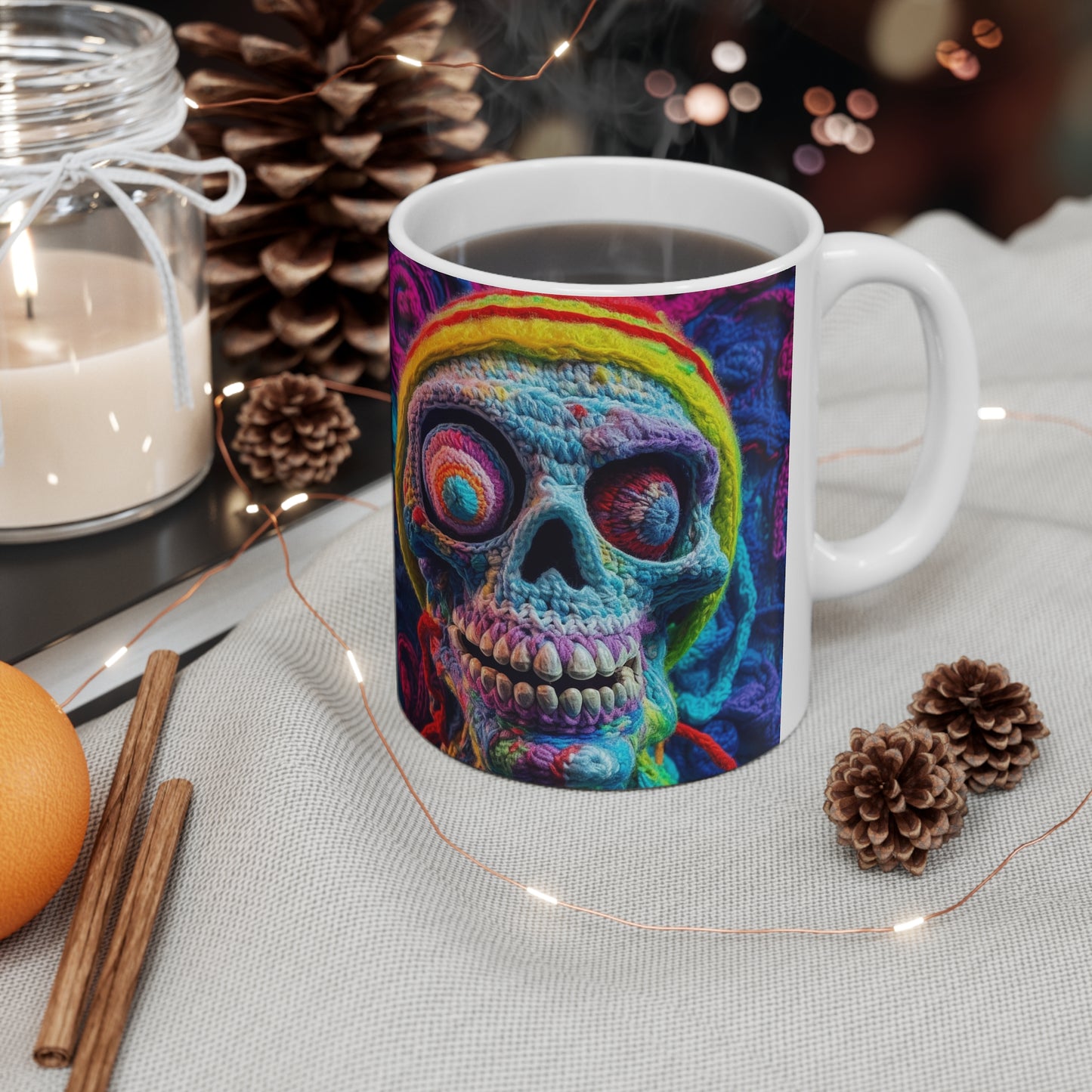 Diseño de terror aterrador de Halloween con calavera de ganchillo - Taza de cerámica 11oz 