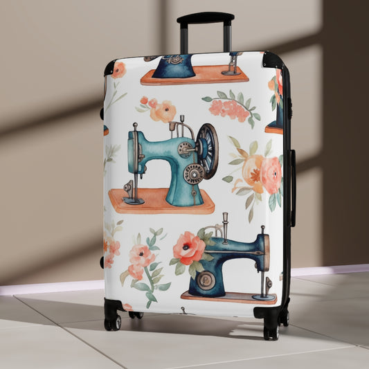 Watercolor Sewing Machines & Floral Bouquets: Antique Feminine Minimalist Styling - Suitcase