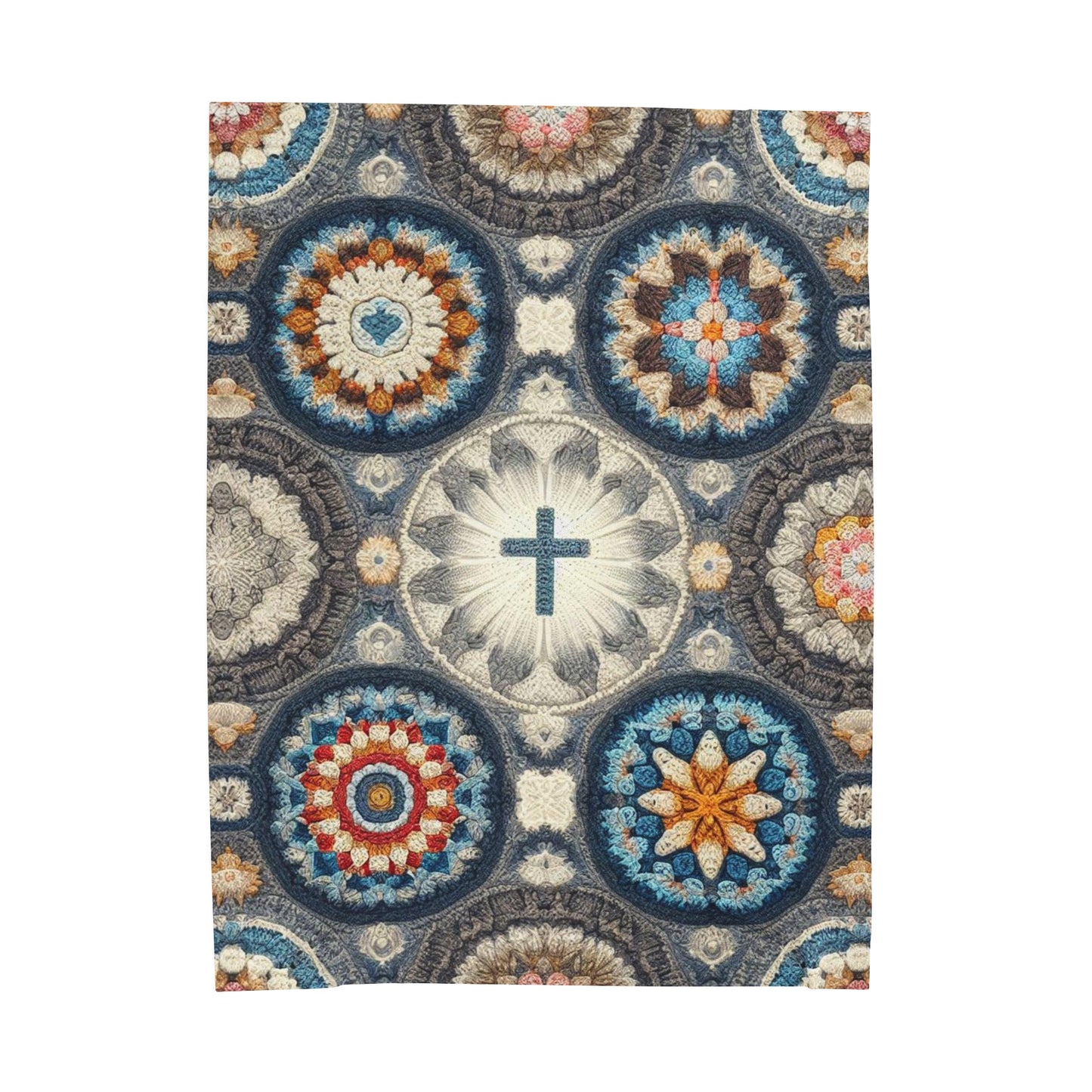 Mandala de ganchillo bohemio con cruz cristiana centrada - Mosaico de tonos terrosos - Manta de felpa de pana