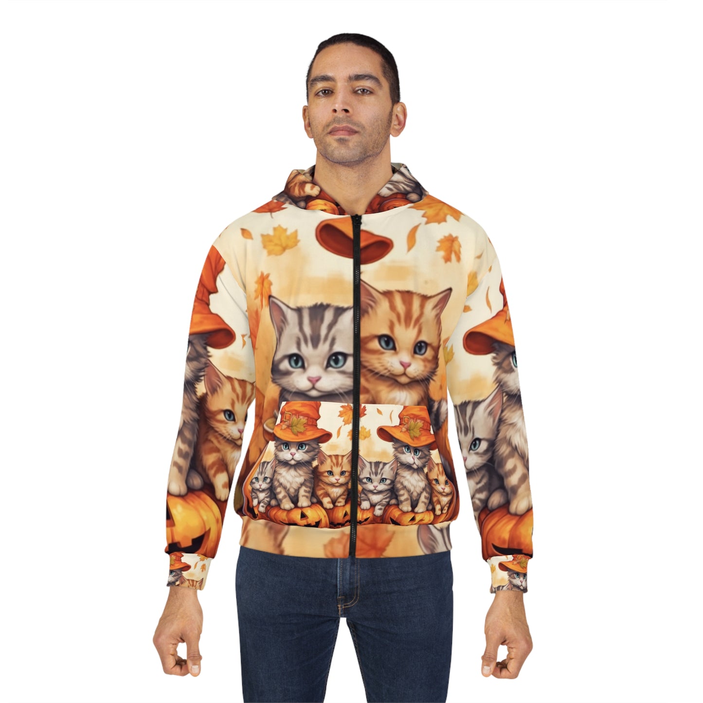 Kitty Cat Kittens Halloween - Cute Furries on Pumpkin - Festive Feline Decor - Unisex Zip Hoodie (AOP)