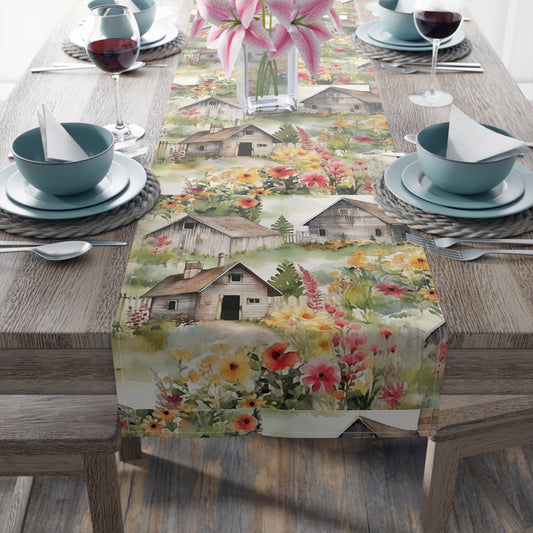 Country Wooden Houses with Flower Blooms - Cottagecore Floral Design - Outdoor Style - Table Runner (Cotton, Poly)