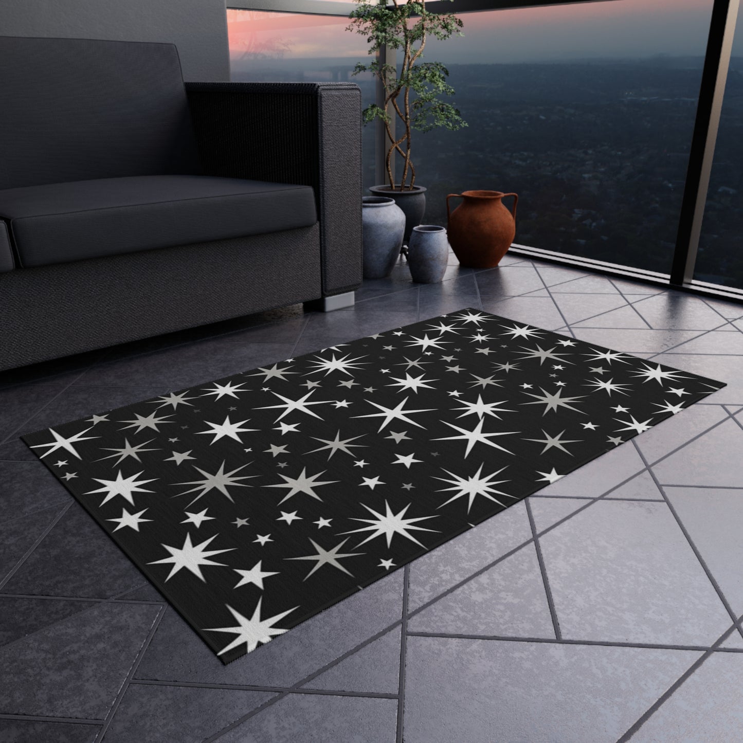 Mid Century Modern Atomic Starburst - Streamlined Minimal Stars - Outdoor Rug