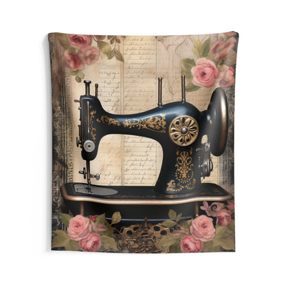 Gothic Black Sewing Machine with Golden Accents and Roses, Classic Tailoring - Indoor Wall Tapestries