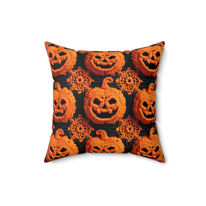 Halloween Crochet Pumpkin Scary Horror Festive Holiday Pattern - Spun Polyester Square Pillow