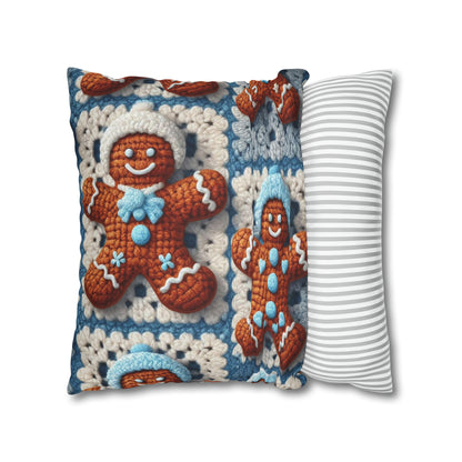 Winter Cheer: Charming Crocheted Gingerbread Christmas Friends Adorned with Snowy Hats and Sweet Smiles - Spun Polyester Square Pillow Case