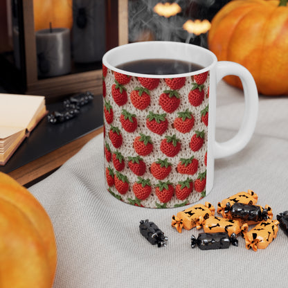 Strawberry Traditional Japanese, Crochet Craft, Fruit Design, Red Berry Pattern - Ceramic Mug 11oz