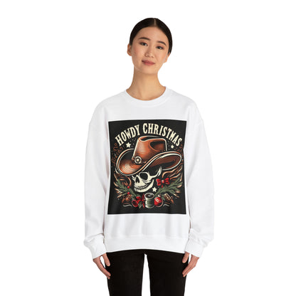 Espeluznantes vacaciones occidentales - Hola Navidad con calavera de vaquero, sombrero festivo y decoración de temporada - Sudadera unisex Heavy Blend™ con cuello redondo