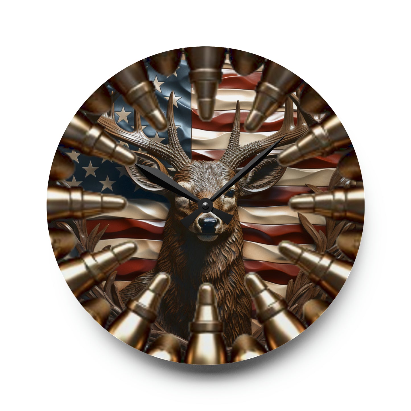 American Flag Deer Acrylic Wall Clock - Hunters Gift - Patriotic Wildlife Design, Rustic Home Decor, Unique Wall Timepiece