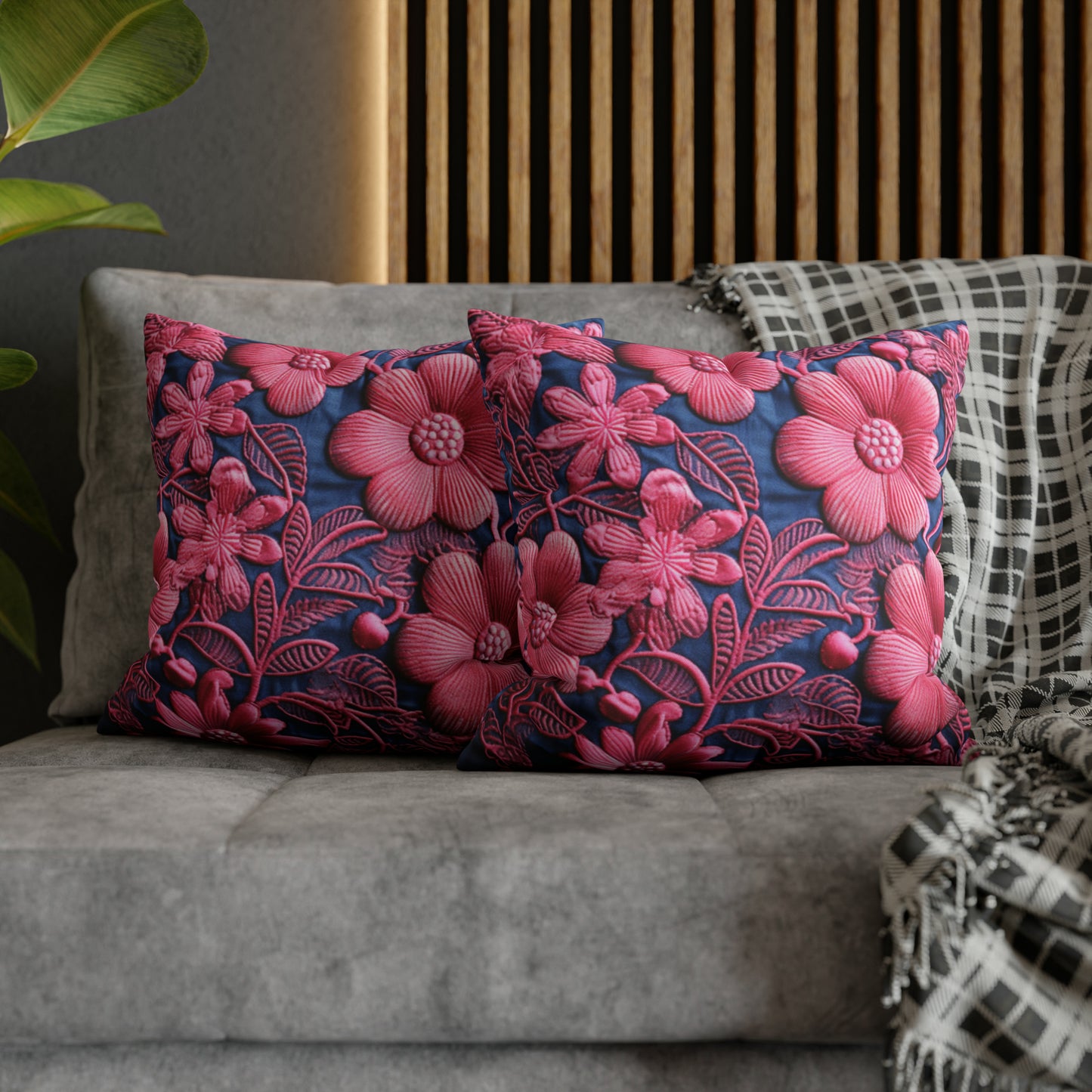 Denim Blue Doll Pink Floral Embroidery Style Fabric Flowers - Spun Polyester Square Pillow Case