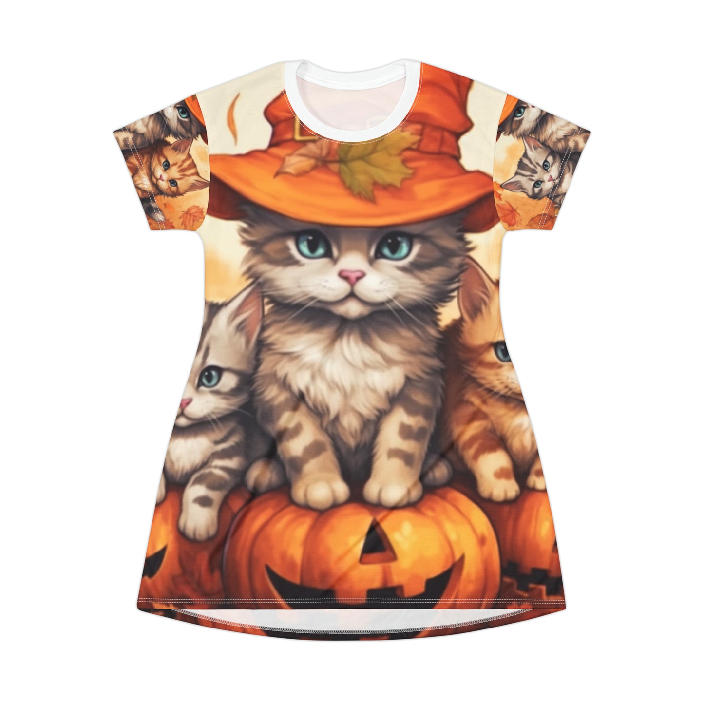 Kitty Cat Kittens Halloween - Cute Furries on Pumpkin - Festive Feline Decor - T-Shirt Dress (AOP)