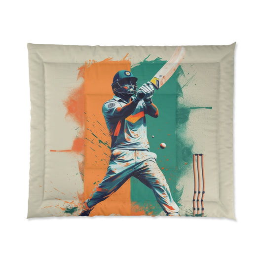Cricket Batsman, Ball Strike, Indian Flag Color Background - Street Style - Bed Comforter