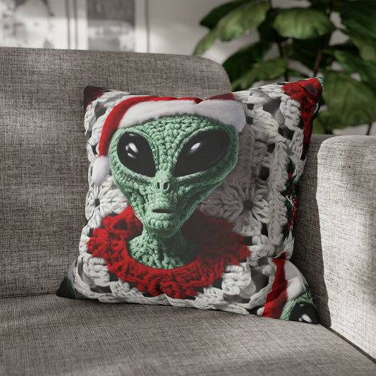 Santa's Cosmic Secret: Jolly Green Christmas Extraterrestrial with Festive Attire Crochet Art - Spun Polyester Square Pillow Case