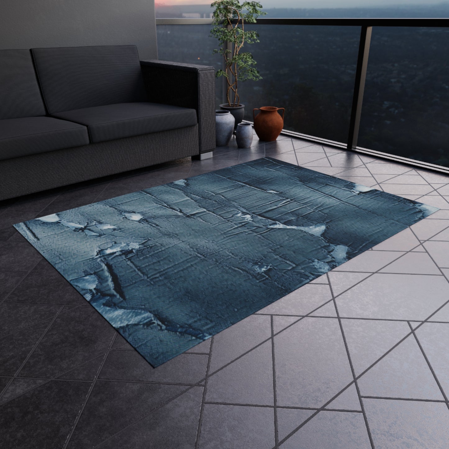 Distressed Blue Denim-Look: Edgy, Torn Fabric Design - Outdoor Rug