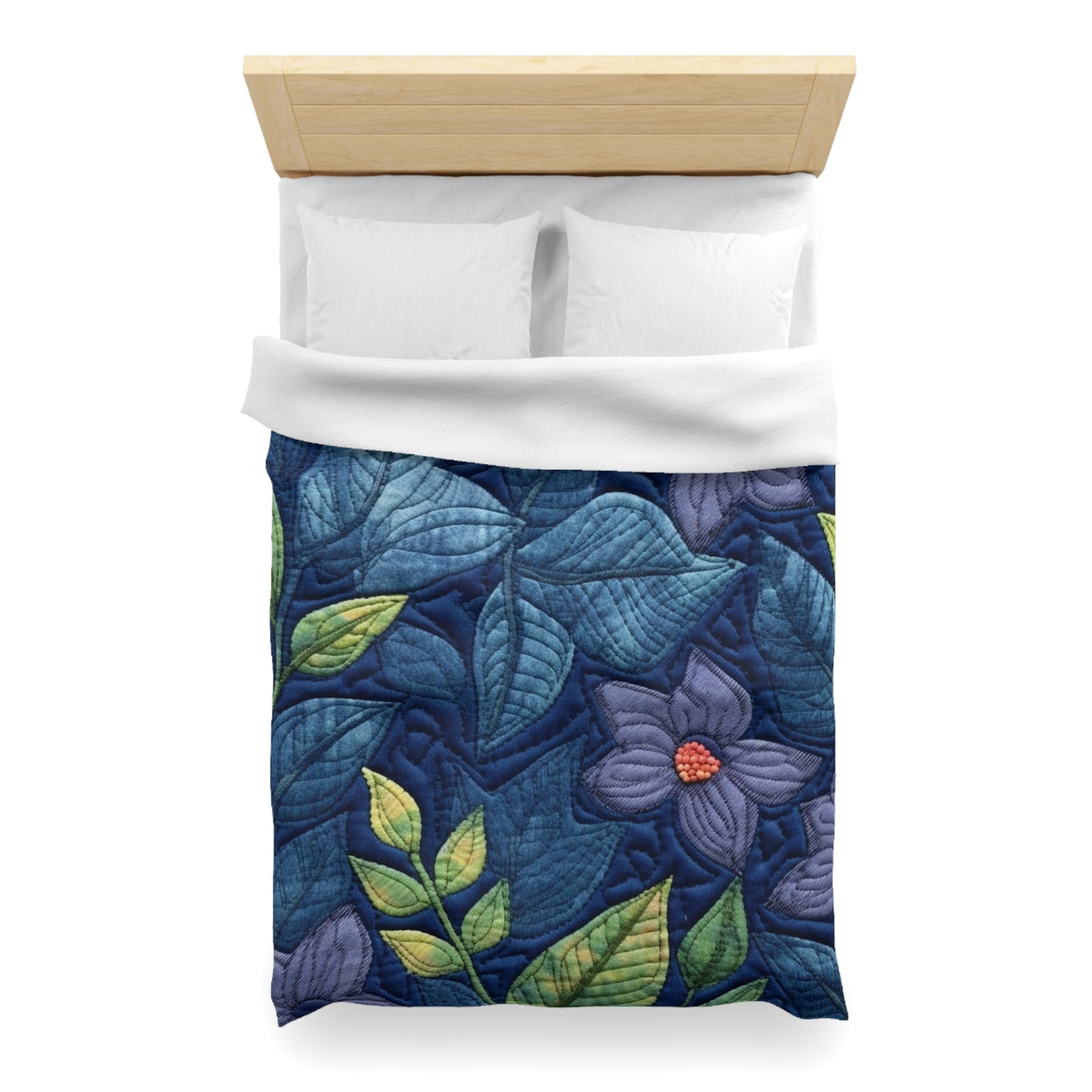 Floral Embroidery Blue: Denim-Inspired, Artisan-Crafted Flower Design - Microfiber Duvet Cover