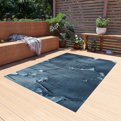 Distressed Blue Denim-Look: Edgy, Torn Fabric Design - Outdoor Rug