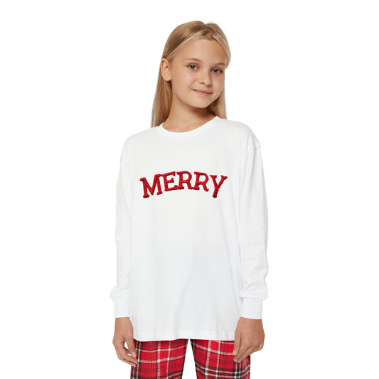 Merry Chenille Patch Christmas Style Design - Youth Long Sleeve Holiday Outfit Set