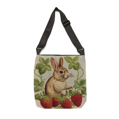 Strawberry Bunny Rabit - Embroidery Style - Strawberries Fruit Munchies - Easter Gift - Adjustable Tote Bag (AOP)