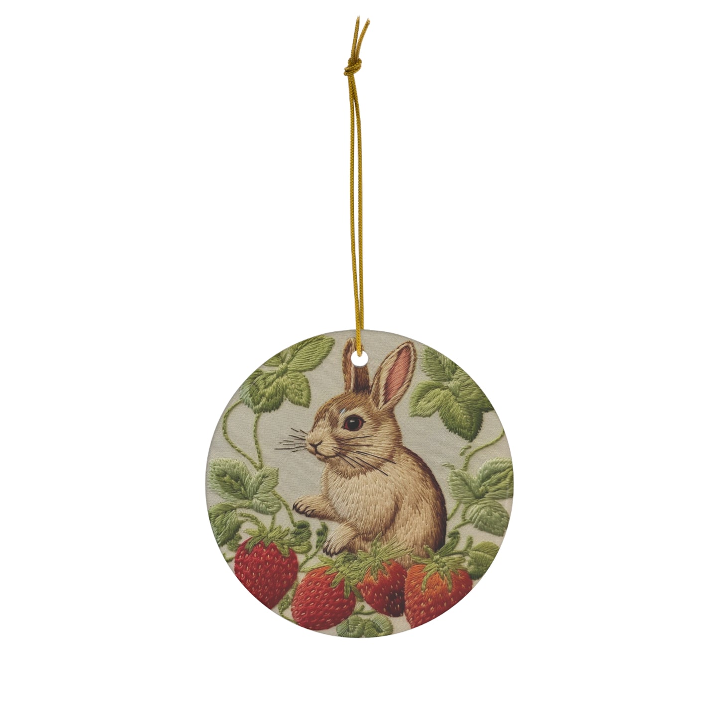 Strawberry Bunny Rabit - Embroidery Style - Strawberries Fruit Munchies - Easter Gift - Ceramic Ornament, 4 Shapes