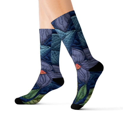 Floral Embroidery Blue: Denim-Inspired, Artisan-Crafted Flower Design - Sublimation Socks