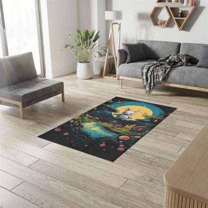 White Rabbit Mystery Psychedelic Fantasy Anime Cartoon Bunny - Dobby Rug