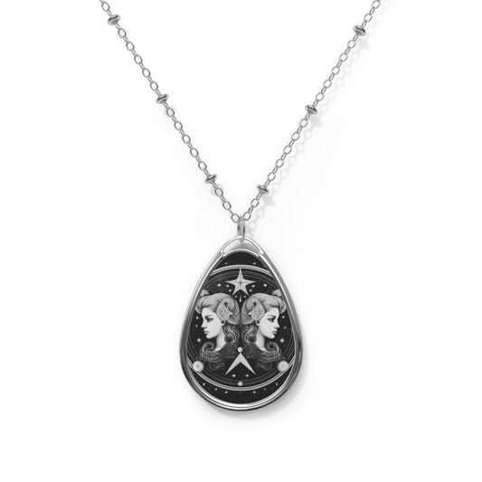 Gemini Zodiac Twins Design - Celestial Astrology Theme - Oval Necklace