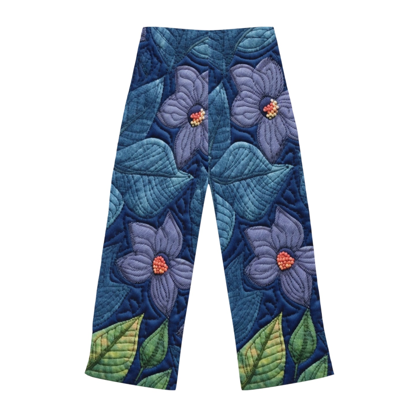 Floral Embroidery Blue: Denim-Inspired, Artisan-Crafted Flower Design - Women's Pajama Pants (AOP)