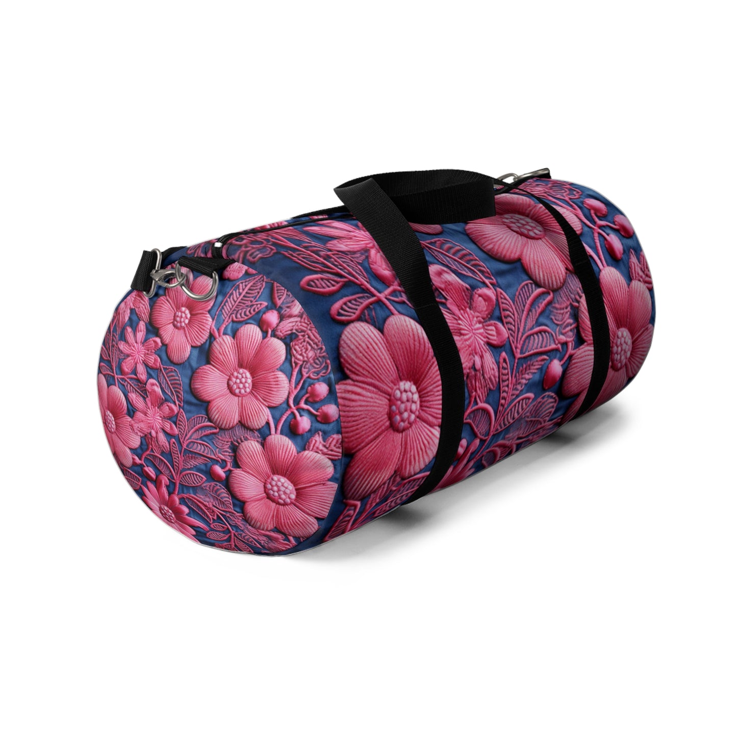 Denim Blue Doll Pink Floral Embroidery Style Fabric Flowers - Duffel Bag