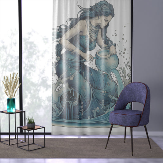 Aquarius Zodiac Symbol - Girl Pouring Water, Hand-Drawn Style - Window Curtain