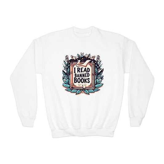 I Read Banned Books - Botanical Serenity with Whimsical Book Illustration - Youth Crewneck Sweatshirt