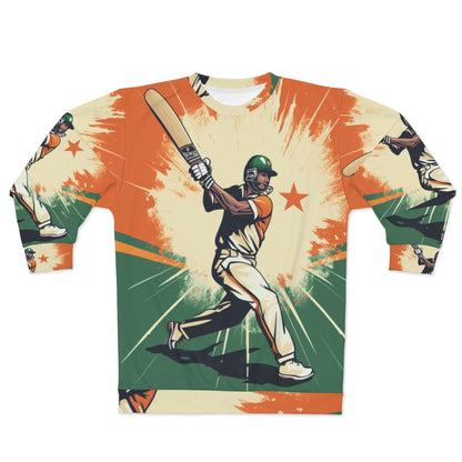 India Cricket Star: Batsman With Willow Bat, National Flag Style - Sport Game - Unisex Sweatshirt (AOP)