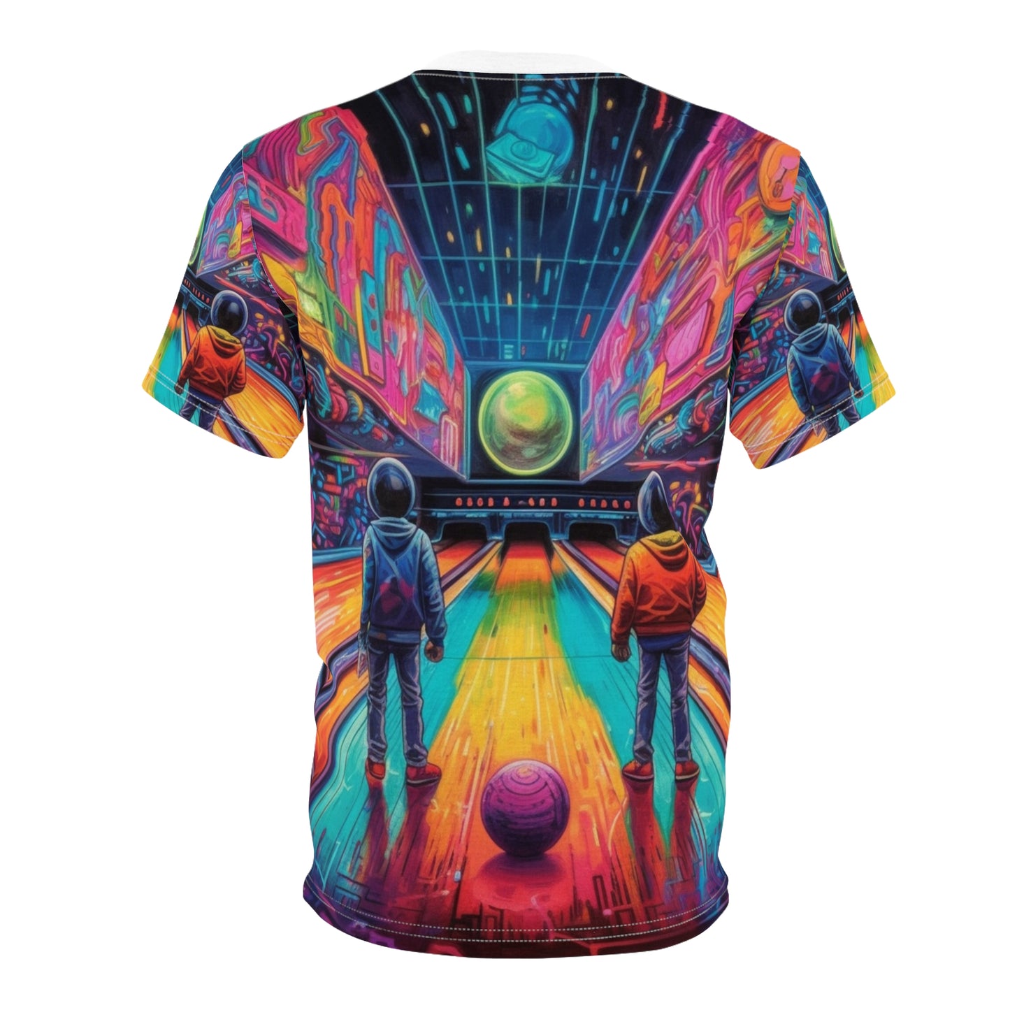 Trippy Bowling Alley: レトロフューチャー ピン ストライク ゾーン - ユニセックス カットソー Tシャツ (AOP) 