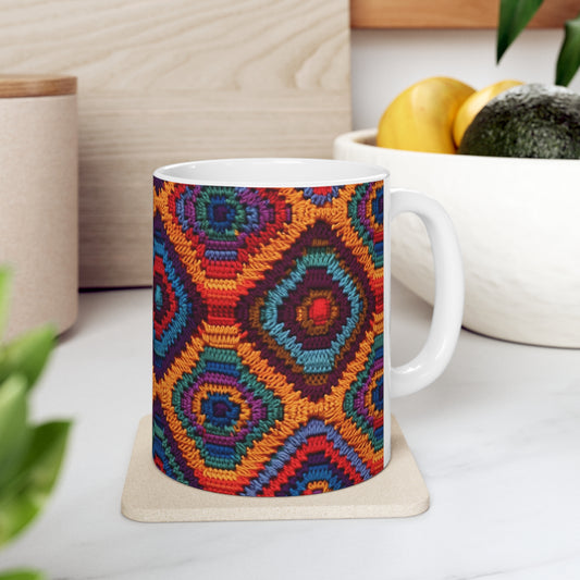 Ganchillo de herencia africana, diseño multicolor vibrante, artesanía étnica - Taza de cerámica 11oz 