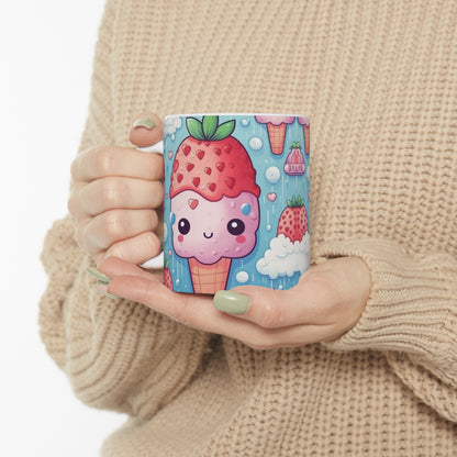 Kawaii Strawberry Sundae Cone - Traditional Japanese Anime Dessert Delight - Sweet Berry Otaku Gift - Ceramic Mug 11oz