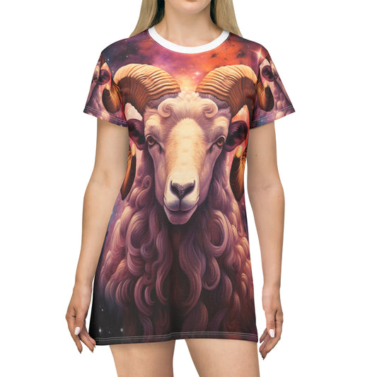 Mystic Aries Constellation - Vibrant Astrology Art - Zodiac Ram - T-Shirt Dress (AOP)